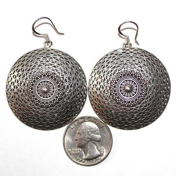 Sterling Silver Open Work Lacey Disc Earrings 14 Grams - Picture 2 of 5